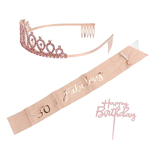 DEARMAMY 1 Juego Cumpleaños Elegante con Tiara y Cinturón con Letras para Mujeres Decoración de Fiesta de Cumpleaños con Perlas y Accesorios para Pastel