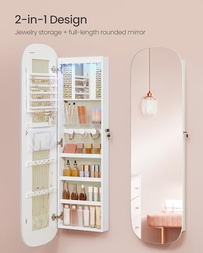 Image of SONGMICS Jewelry Organizer, LED Jewelry Cabinet Wall /Door Mounted, Lockable Rounded Wide Mirror with Storage, Interior Mirror, 3.9 x 16.5 x 55 Inches, White Surface with Greige Lining