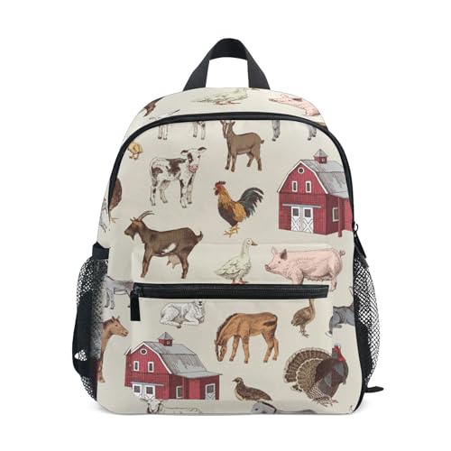 Fisyme Vintage Farm Animals Toddler Backpack School Bag Kids Daypack for Kindergarten Preschool Nursery Girls Boys, M
