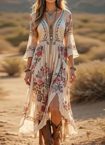 Womens Flowy Tiered Midi Dress 3/4 Sleeve Summer Sundresses Floral Print Boho V-Neck Dress Beach Slit Dresses2