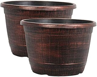 Muddy Hands Copper Wooden Barrel Effect Plant Pot Round Plastic Planter Outdoor Garden Flower Tree Herb (1, 25.8 Litre)