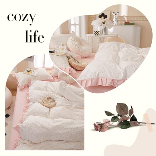Image of VM VOUGEMARKET Pink Flower Duvet Cover Set Queen Romantic Girls Ruffle Lace Bedding Set Soft Cotton Girls Duvet Cover with 2 Pillow Shams