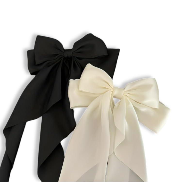 Image of FilterFashion Big Satin Layered Hair Bows for Women Girls 11.5 Inch Barrette Hair Clip Long Back Ribbon Bows French Style Hair Accessories (Black,Cream)