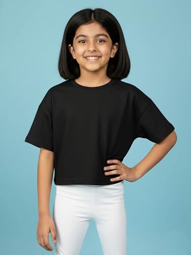 Image of KiddoPanti Girls 100% Cotton Solid Drop Shoulder Half Sleeve Round Neck Crop Tee