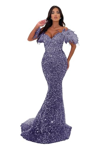 Image of Sequin Feathers Mermaid Prom Dresses 2026 Off Shoulder Sparkly Long Formal Evening Party Gowns with Train