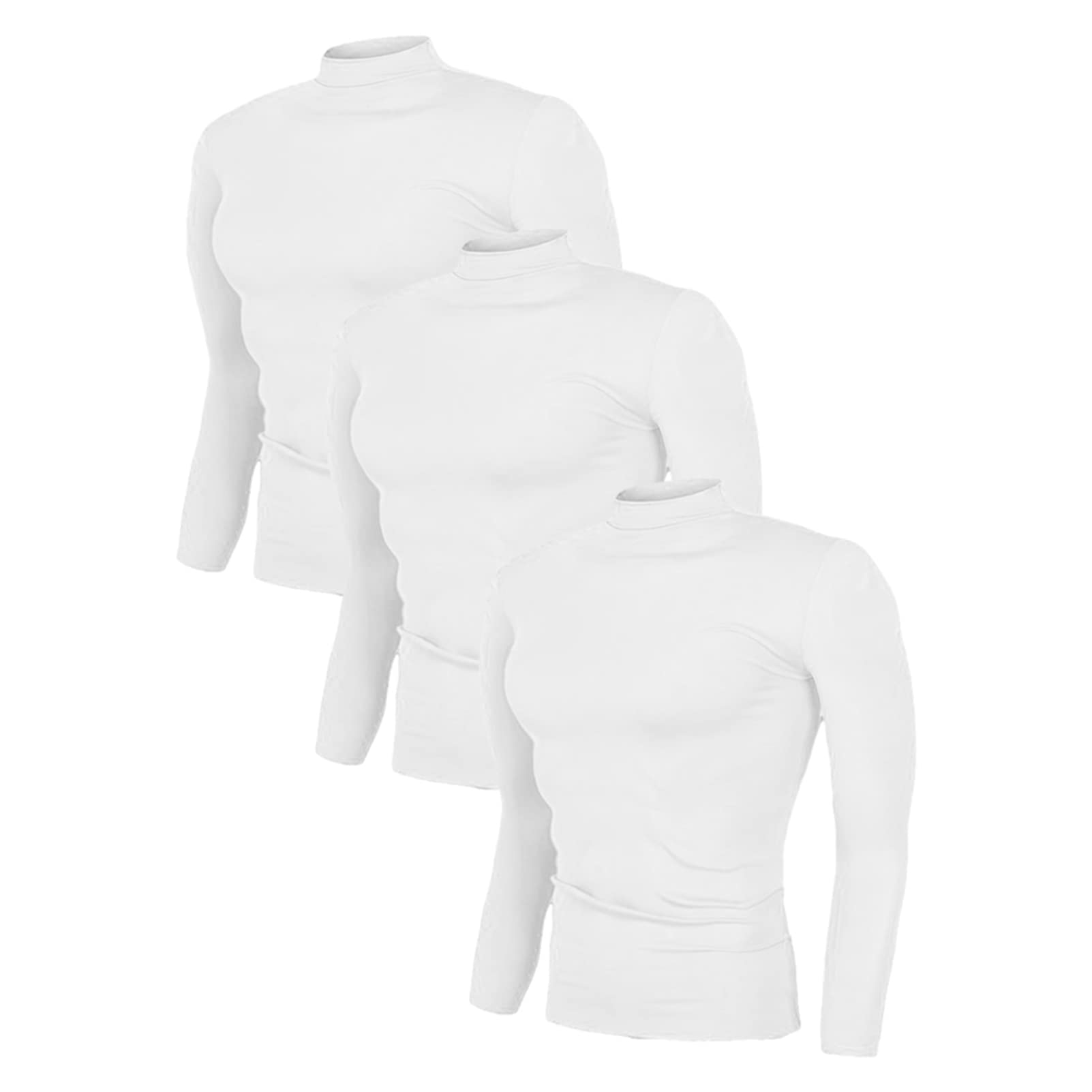 ANUFER Mens 3 Pack Long Sleeve Compression Shirts - Sports Running Base Layer Tops - Thermal Mock Neck Undershirts White + White + White XL