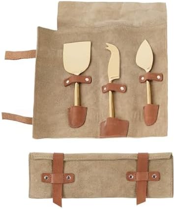 Cheese Knife Set for Charcuterie Board – 3-Piece Gold Stainless Steel Cheese Knives with Leather Pouch – Elegant Charcuterie Tools, Utensils Set