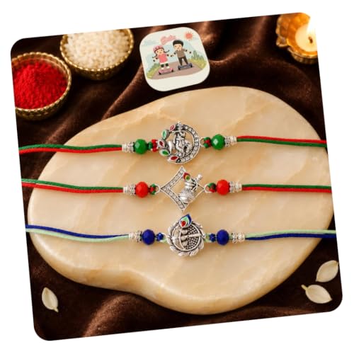 Image of CraftVatika Set of 3 Silver Rakhi for Brothers with Gift, Designer Premium Silver Krishna Rakhi Gift for Brothers Raksha Bandhan Gift, Fridge Magnet Gift for Boy Men, Best Wishes Card and Tillak Set