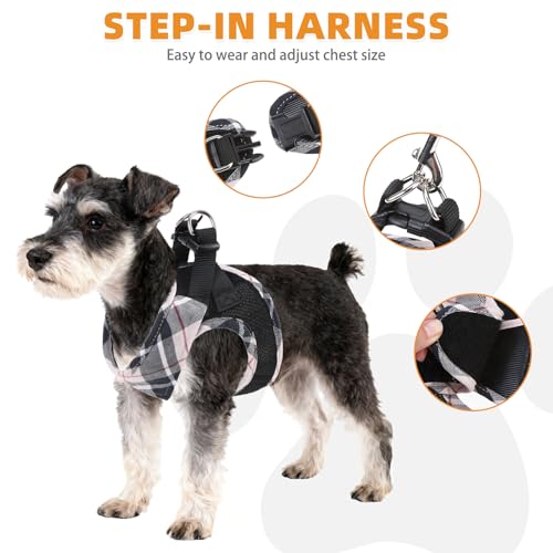 KOOLTAIL Small Dog Harness and Leash Set, Step in No Pull Soft Mesh Padded Pet Vest Harness Collar for Small Size Dogs Cats Boy Girl, Breathable & Lightweight Plaid Puppy Harness, Beige S