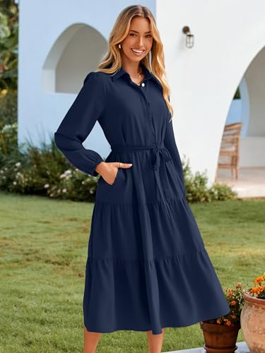 BerryGo Womens Long Sleeve Dresses 2025 Fall Maxi Casual V Neck Belted Button Down Wedding Guest Shirt Dress with Pockets3