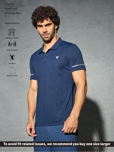 Image of TECHNOSPORT Men's Solid Slim Fit Polo Collar T-Shirt TECHNOCOOL+ Half Sleeve Button Polyester for Gym Running Workout UPF50+ Anti Odour