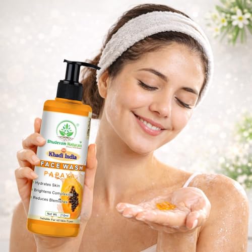 Image of Khadi Sunscreen SPF 60 PA+++ with Papaya Face Wash Combo for Glowing Skin By Bhudevam Naturals | UV Protection Sun Cream + Brightening Papaya Cleanser for Men & Women - Pack Of 2