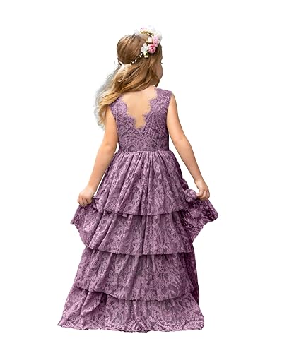 Flower Girl Dress Lace Boho Girls Dresses Ruffle Tiered Flowy Maxi Toddler Dress for Wedding Holiday Party 6M-14Y2