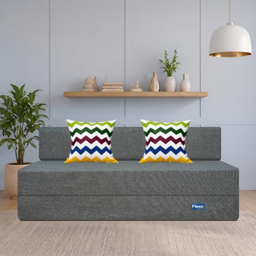 Image of Starlon 3 Seater Foldable Sofa Cum Bed 3-in-1 with 2 Waves Pattern Pillows, Washable Jute Fabric Cover, Space Saving Guest Bed, Pre-Assembled Ash Gray 5x6.25 Ft
