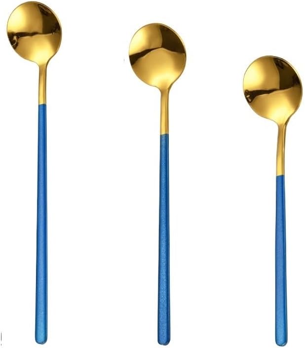 Silverware Flatware Set, 3/12/18/24/30/36 Pieces 304 Stainless Steel Medium Coffee Spoon Small Round Spoon Korean Souvenir Mixing Spoon Honey Mug Glass Spoon(Blue Gold,10 Pieces)