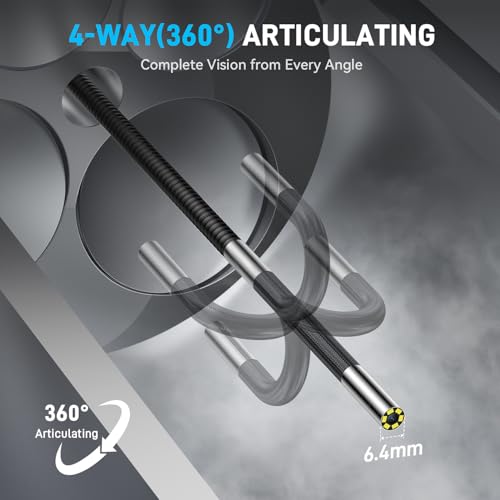 Image of 6.4mm 360 Articulating Borescope 4-Way Endoscope Camera with Light | 5 inch IPS Screen, 2MP /1080P, 5.0FT, Built-In LED Flashlight, 360 Joystick Control for Automotive, Aircraft & Engine Inspection