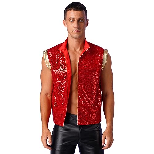 Yeahdor Mens Arabian Prince Vest Tops Halloween Sparkly Sequins Open Front Waistcoat Cosplay Fancy Dress