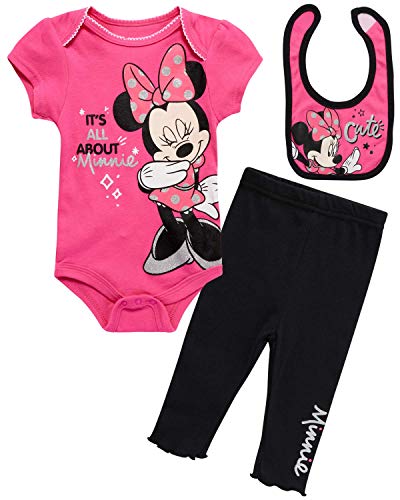 Disney Baby Girls 3 Piece Layette Set: Minnie Mouse, Winnie The Pooh & Bambi (Newborn), (Size 6-9 Months, Hot Pink/Black Minnie)