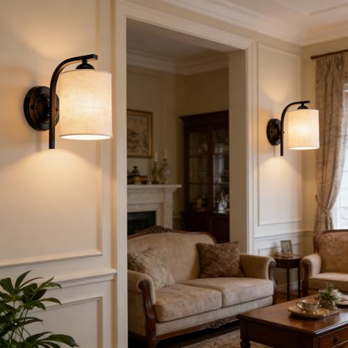 Image of 2-Pack Wall Sconces for Bedroom and Bathroom, Matte Black Farmhouse Wall Light Fixtures with Fabric Shade, Modern Vanity Wall Lamps for Living Room, Hallway, Kitchen