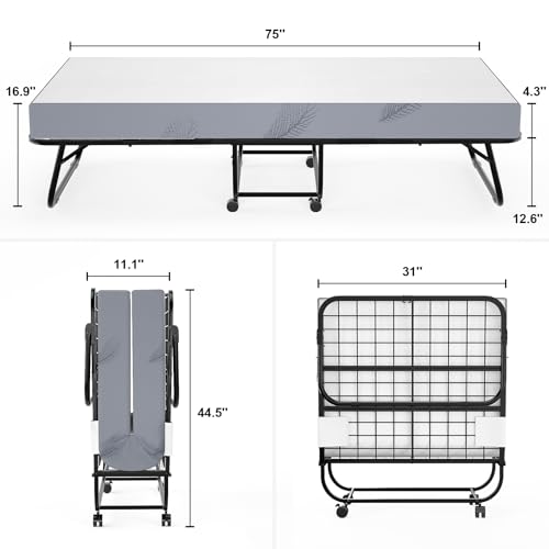 Karcog Folding Bed with Mattress, Storage Cover Included, Cot Size Extra Rollaway Guest Bed for Adults, with Memory Foam Mattress and Sturdy Metal Frame on Wheels, 75” x 31"