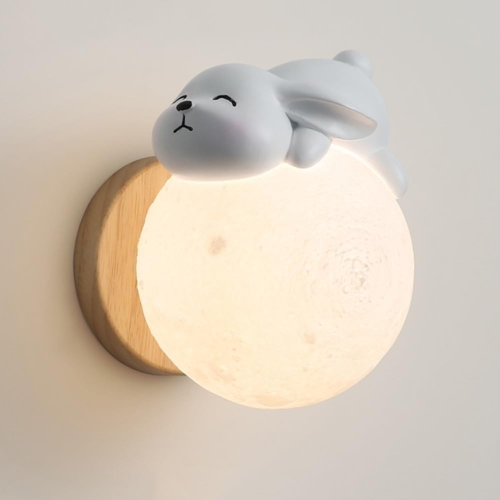 Lampada da Parete Moderna Nordica per Cameretta dei Bambini - Simpatico Cartone Animato Coniglio Luna Sferica Minimalista