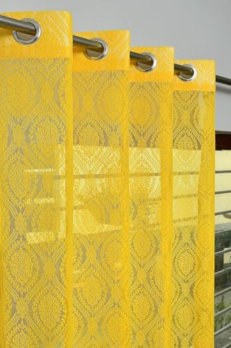 Image of Fabrilia Polyester Sheer Net Damask Design Semi Transparent Eyelet Window Curtains 5 feet Long Set of 2- Yellow