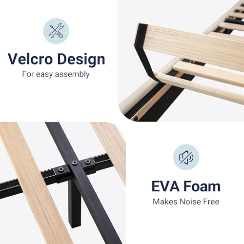 Image of Allewie Queen Size Platform Bed Frame with Velvet Upholstered Headboard and Wooden Slats Support, Fully Upholstered Mattress Foundation /No Box Spring Needed /Easy Assembly, Cream