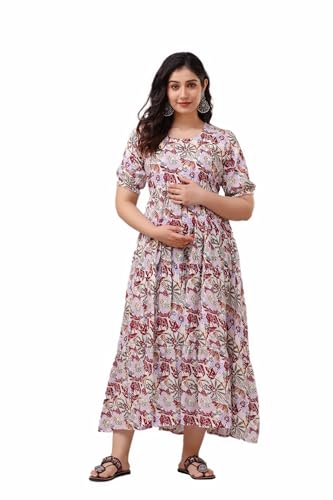 Image of Women's Rayon Anarkali Maternity Ankle Length Dress, Pregnancy Dress,Feeding Kurti,Easy Brest Feeding Dress, with Both Side 9 inch Zipper and Belt