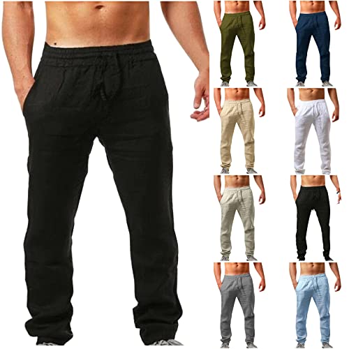 Mens Casual Cotton Linen Pants Elastic Waist Lightweight Loose Fit Summer Cotton Beach Yoga Trousers4
