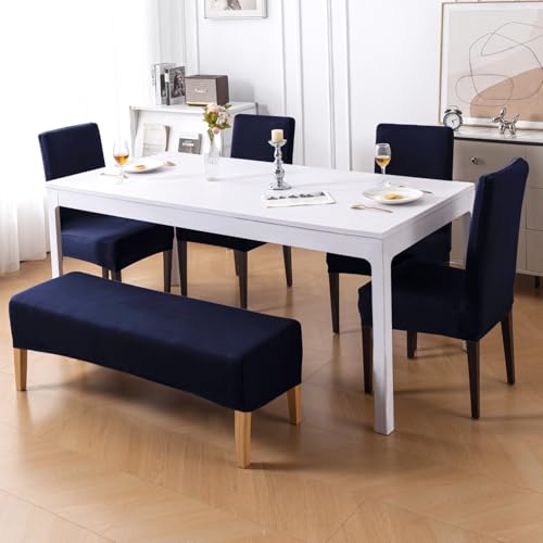Image of HOKIPO 'SereneSolids' 140 GSM Polyester Blend Cover Set for 4 Dining Chairs + 1 Dining Bench, Navy Blue (AR-6282-NBL)