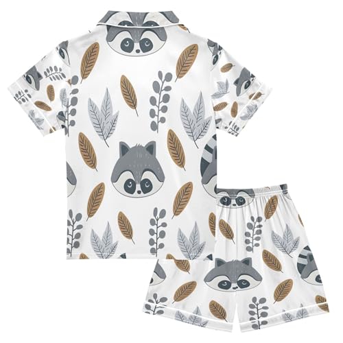 senya Pajama Sets Silky Button Down Nightwear Sleepwear Size 5-14 Years Little Raccoon Small Leaves2