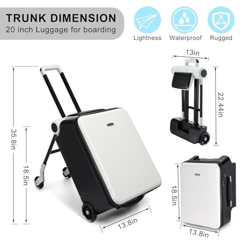 20 Inch Carry on Luggage with Seat for Kids Expandable Ride on Suitcase with Spinner Wheels and Locks for Travel (White,Sunshade Style)3