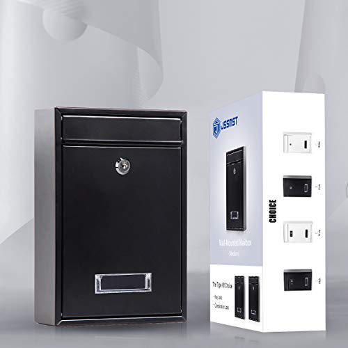 Image of Locking Mailboxes Wall Mounted Vertical - Jssmst Key Lock Drop Mail Box Medium Capacity Galvanized Steel Cover Rust-Proof Metal Post Box, 12.6 x 8.5 x 3.4 Inch, Black, SM-0601L