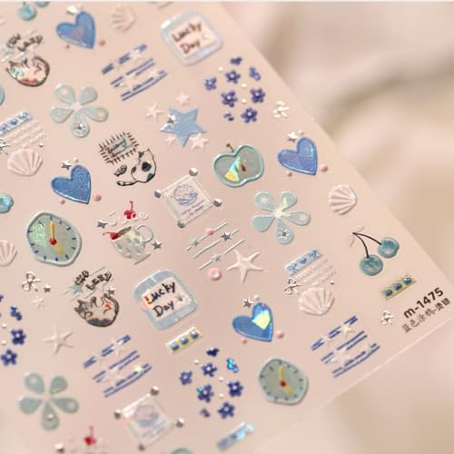 Image of Blue Nail Art Stickers Heart Clock Nail Decals Summer Nail Stickers 1Sheets | Cute Cartoon Nail Decals with Star Flower Design 5D Self Adhesive Cherry for Girls Daily Manicure Decor Accessories Supply