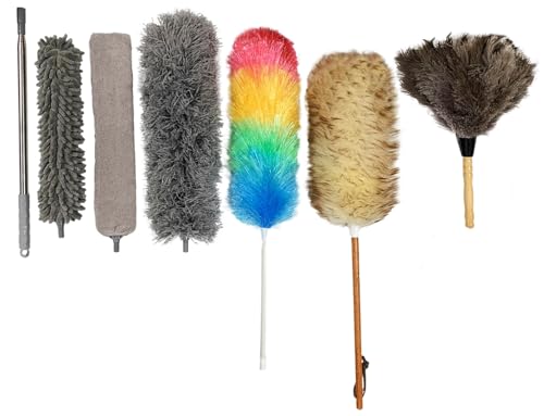 (New) Alta Dusting Products 7-Piece All Duster Combo Set (3 Microfiber Duster Heads with Extention Pole + Synthetic (Rainbow) Duster + Lambs Wool Duster + Ostrich Feather Duster)