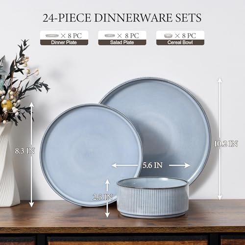 Image of E-far 24-Piece Stoneware Dinnerware Sets, Plates and Bowls Sets for 8, Kitchen Modern Dinning Porcelain Dishes Set, Chip & Scratch Resistant, Dishwasher & Microwave Safe, Dusty Blue