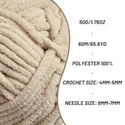 Image of 3 Packs Plush Chenille Chunky Crochet Yarn - Baby Yarn for Crocheting Soft - Velvet Yarns Knitting for Blankets Crafts - Fluffy Amigurumi Yarns 150g / 196.8yds (3 Light Khaki)