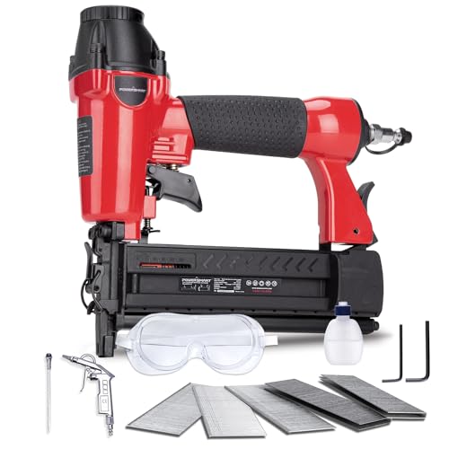 PowerSmart Pneumatic Brad Nailer, 18 Gauge 2 in 1 Nail Gun and Crown Stapler with Safety Goggles, Compatible with 5/8” up to 2” Nails, 18 Gauge Brad Gun for Upholstery, Carpentry Woodworking Projects