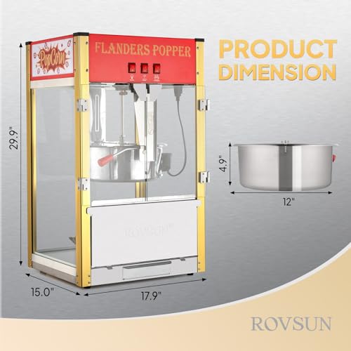 Image of ROVSUN Popcorn Machine with 16 Ounce Kettle ETL Certified, Vintage Popcorn Maker Commercial Popcorn Machine Countertop w /Stainless Steel Scoop, Oil Spoon & 3 Popcorn Cups for Home Movie Theater, Red