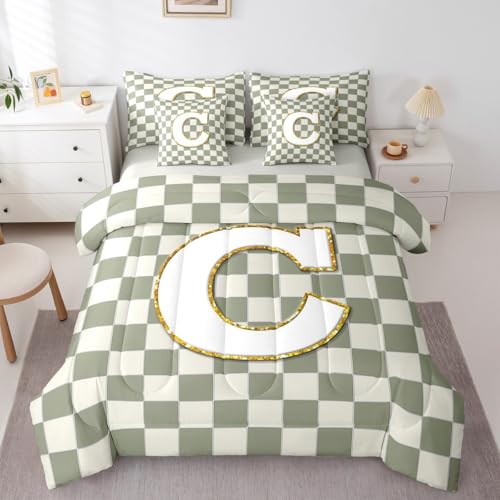 Image of Erosebridal Sage Green Checkered Queen Bedding Set 7 Piece Plaid Initial C Bed in A Bag with Sheets Personalized Monogram Comforter Set for Kids Adults,Fashion Grids Gingham Bed Sets