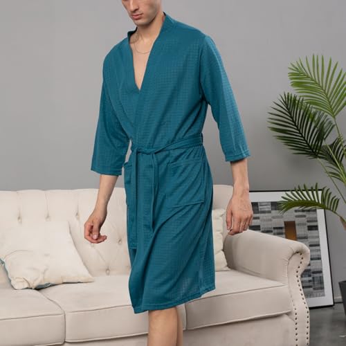 Men's Waffle Knit Robe Soft Comfy Knee Length Long Sleeve Bath SPA Hotel Hot Tub Bathrobe w/Pockets3