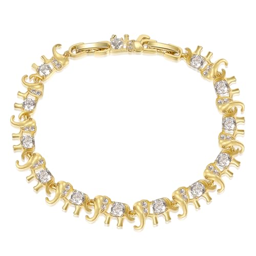 Gemsme 14K White/Yellow Gold Plated 4mm Cubic Zirconia Elephant Bracelet for Women Cute Animal CZ Link Chain Bracelet with Fold Over Clasp Jewelry Gift(6.5 Inch+1Inch)