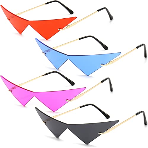 4 Pairs Triangle Sunglasses Frameless Space Eye Sunglasses Rimless Pointy Glasses Men Party Prom Sunglasses for Women and Men - Red, Blue, Gray, Purple