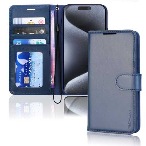 TECHGEAR iPhone 15 Pro Max Leather Wallet Case, Flip Protective Case Cover with Wallet Card Holder, Stand and Wrist Strap - Blue PU Leather with Magnetic Closure Designed for iPhone 15 Pro Max 6.7"