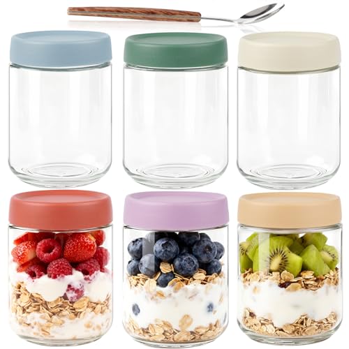 MR.KIANGCI 6 Pack Overnight Oats Jar 500ml Glass Jars with Lids and Spoon Reusable Wide Mouth Mason Jars Overnight Oats Containers for Yogurt Snacks Fruit Salad Dressing Snacks Leak Proof