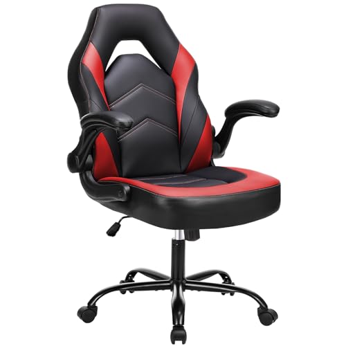 Image of Ergonomic Computer Gaming Chair with Flip-up Armrest, Height Adjustable PU Leather Home Office Desk Chair with Lumbar Support Swivel Wheels and for Adults and Kids, Scarlet Red