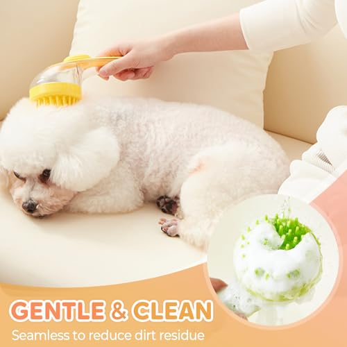 Image of Pet Bath Brush with Shampoo Dispenser, Dog Bath Brush and Grooming Massage Brush for Dogs & Cats, Easy Dog Washing Brush for Short and Long Hair, Coarse and Fine Teeth 2pcs (Yellow)