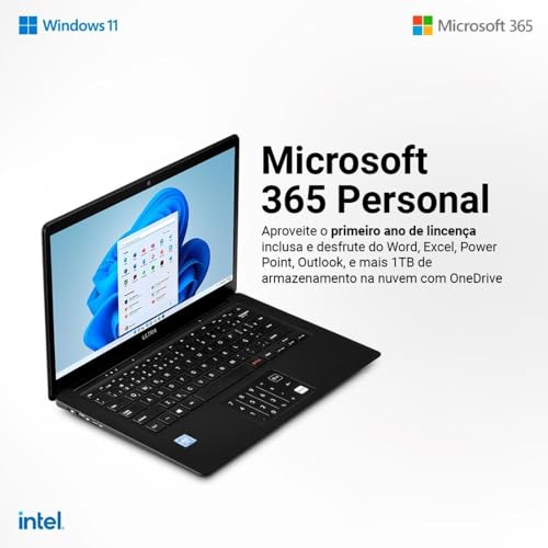 Notebook, Windows 11 Home, Intel Celeron 4GB 64GB 14,1 Pol. HD, + Microsoft 365 Personal com 1TB na Nuvem Legacy Book – PC270