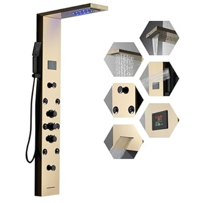 Homevacious 5 In 1 Shower Panel System,LED Rain Waterfall Shower Head and Adjustable Massage Body Jets,3 Settings Handheld Head and Tub Spout,Stainless Steel Bathroom Shower Panel Polished Gold