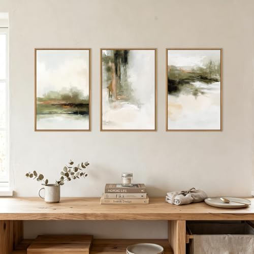 Image of KAIRNE Green Abstract Neutral Framed Canvas Wall Art Set,Modern Watercolor Shapes Wall Decor,Minimalist Pastel Art Prints,Brown Gray Tan Artwork for Living Room,Bedroom,Farmhouse,Office-16 x24 x3